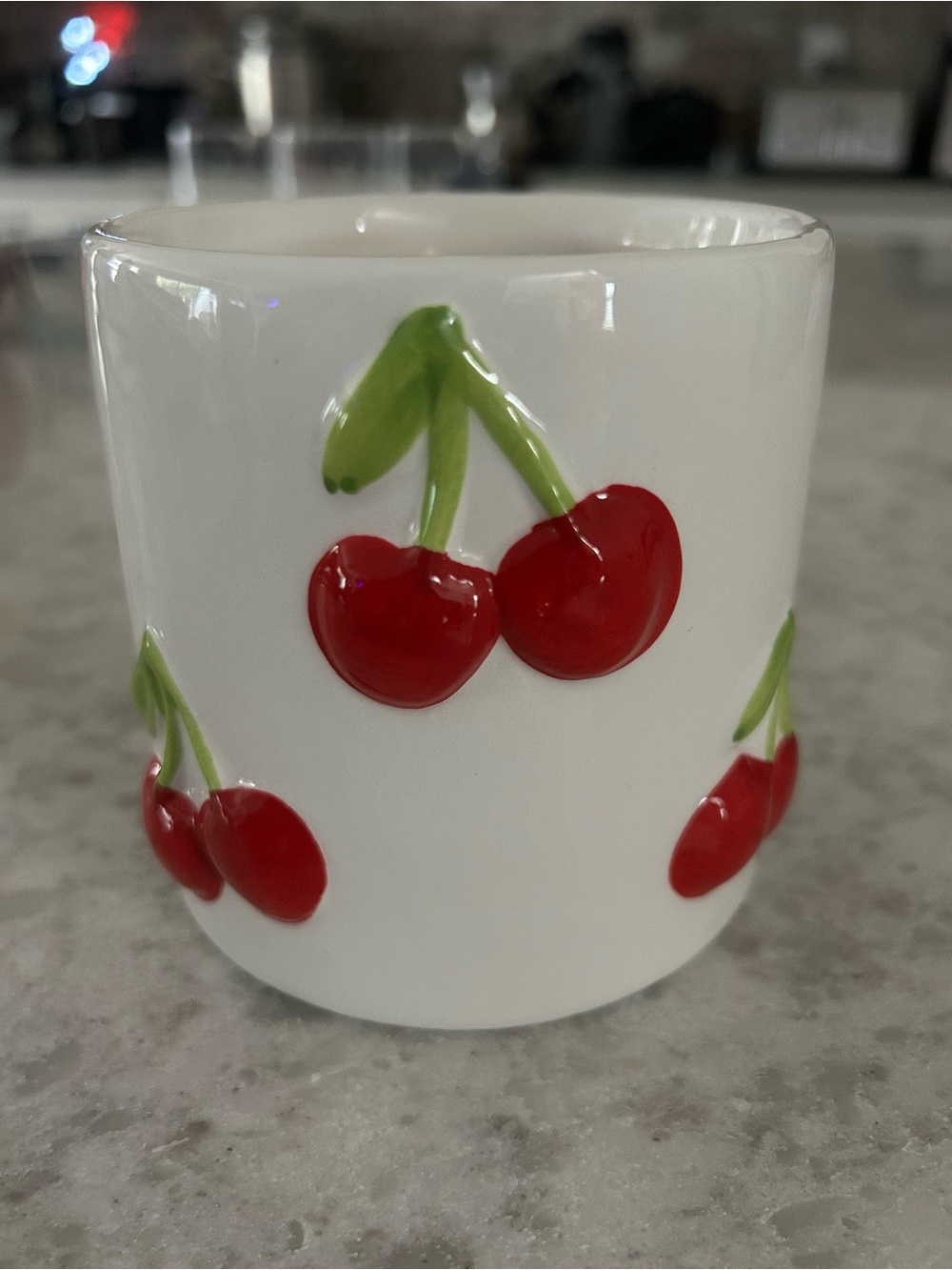 “New” Enchante White Ceramic 14 oz Candle with Red Cherry Accent